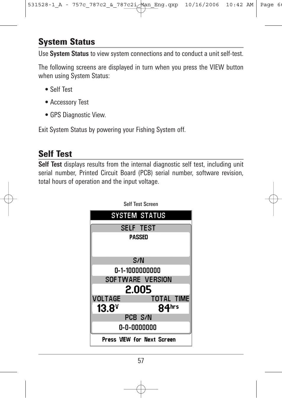 System status, Self test | Humminbird 757c User Manual | Page 66 / 168