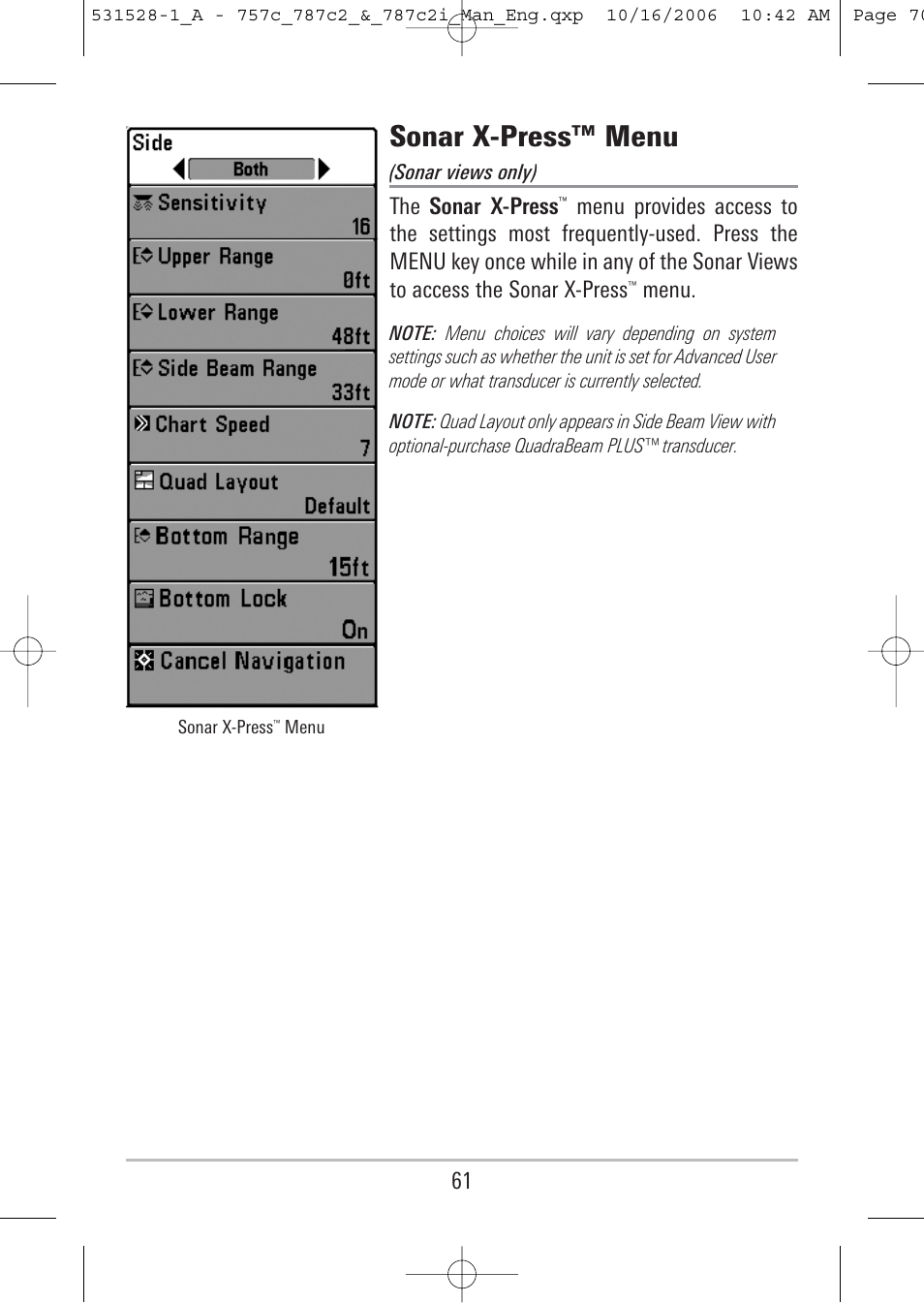 Sonar x-press™ menu, The sonar x-press, Menu | Humminbird 757c User Manual | Page 70 / 168