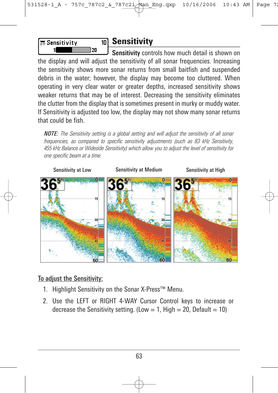 Sensitivity | Humminbird 757c User Manual | Page 72 / 168