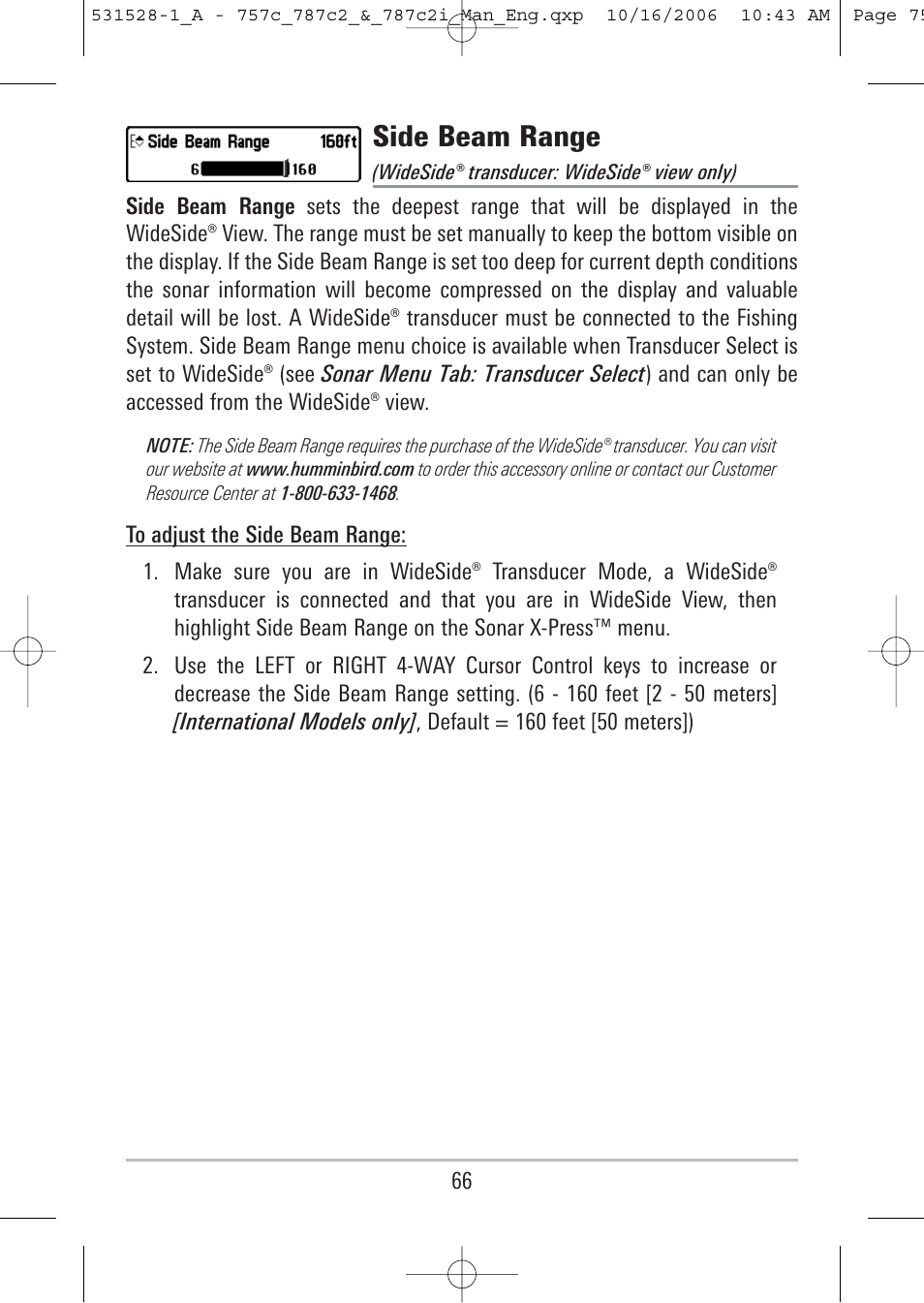 Side beam range | Humminbird 757c User Manual | Page 75 / 168
