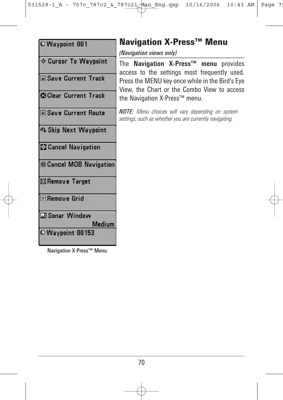 Navigation x-press™ menu | Humminbird 757c User Manual | Page 79 / 168