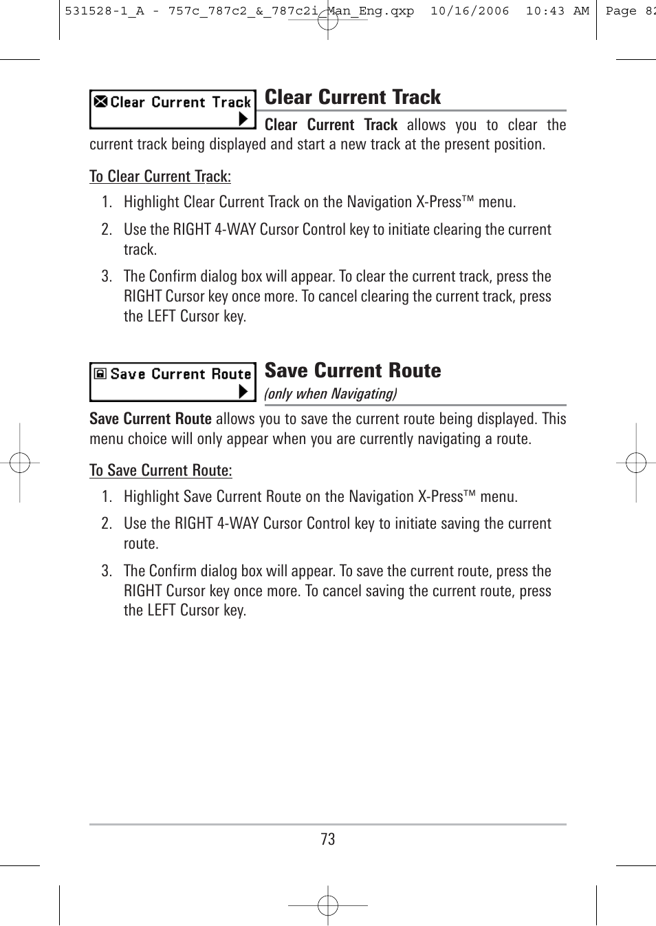 Clear current track, Save current route | Humminbird 757c User Manual | Page 82 / 168