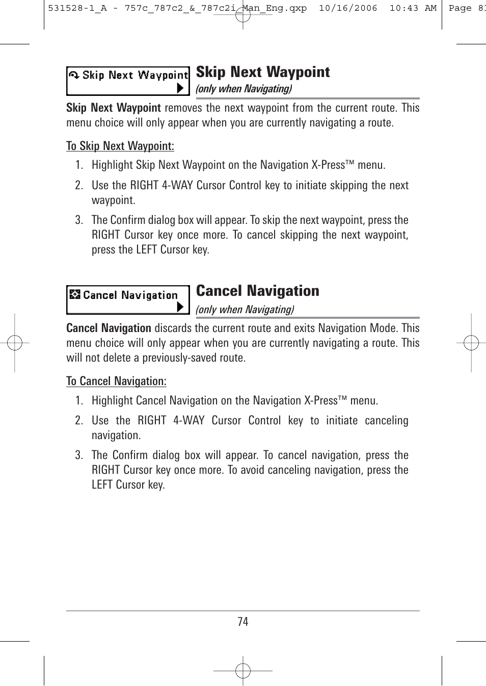 Skip next waypoint, Cancel navigation | Humminbird 757c User Manual | Page 83 / 168