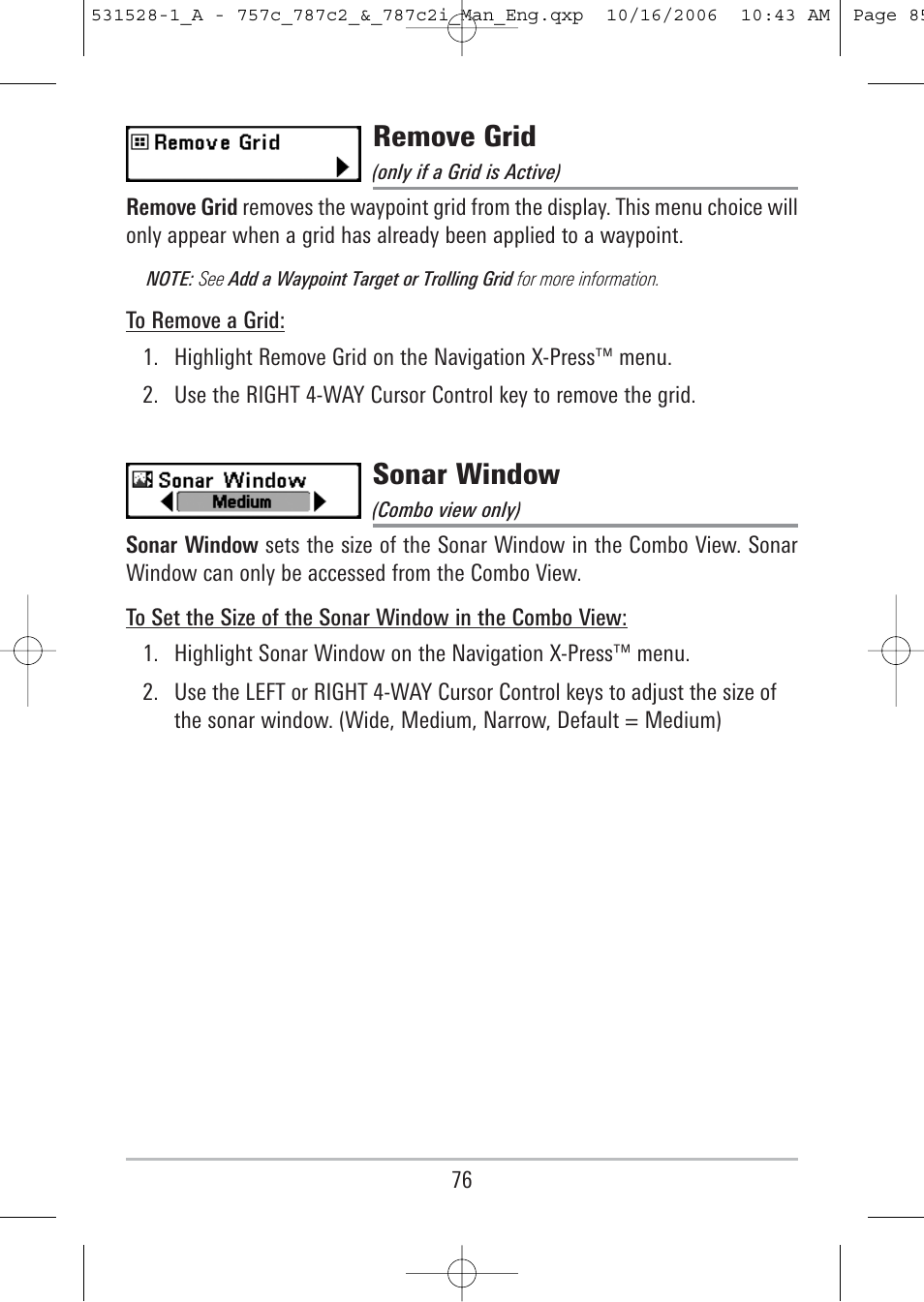 Remove grid, Sonar window | Humminbird 757c User Manual | Page 85 / 168