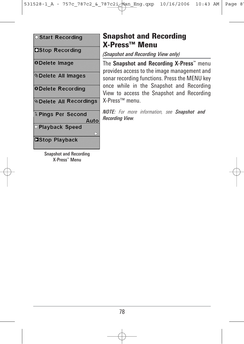 Snapshot and recording x-press™ menu, The snapshot and recording x-press | Humminbird 757c User Manual | Page 87 / 168