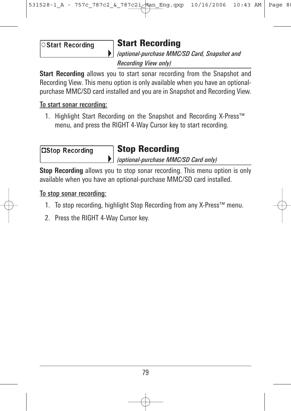 Start recording, Stop recording | Humminbird 757c User Manual | Page 88 / 168