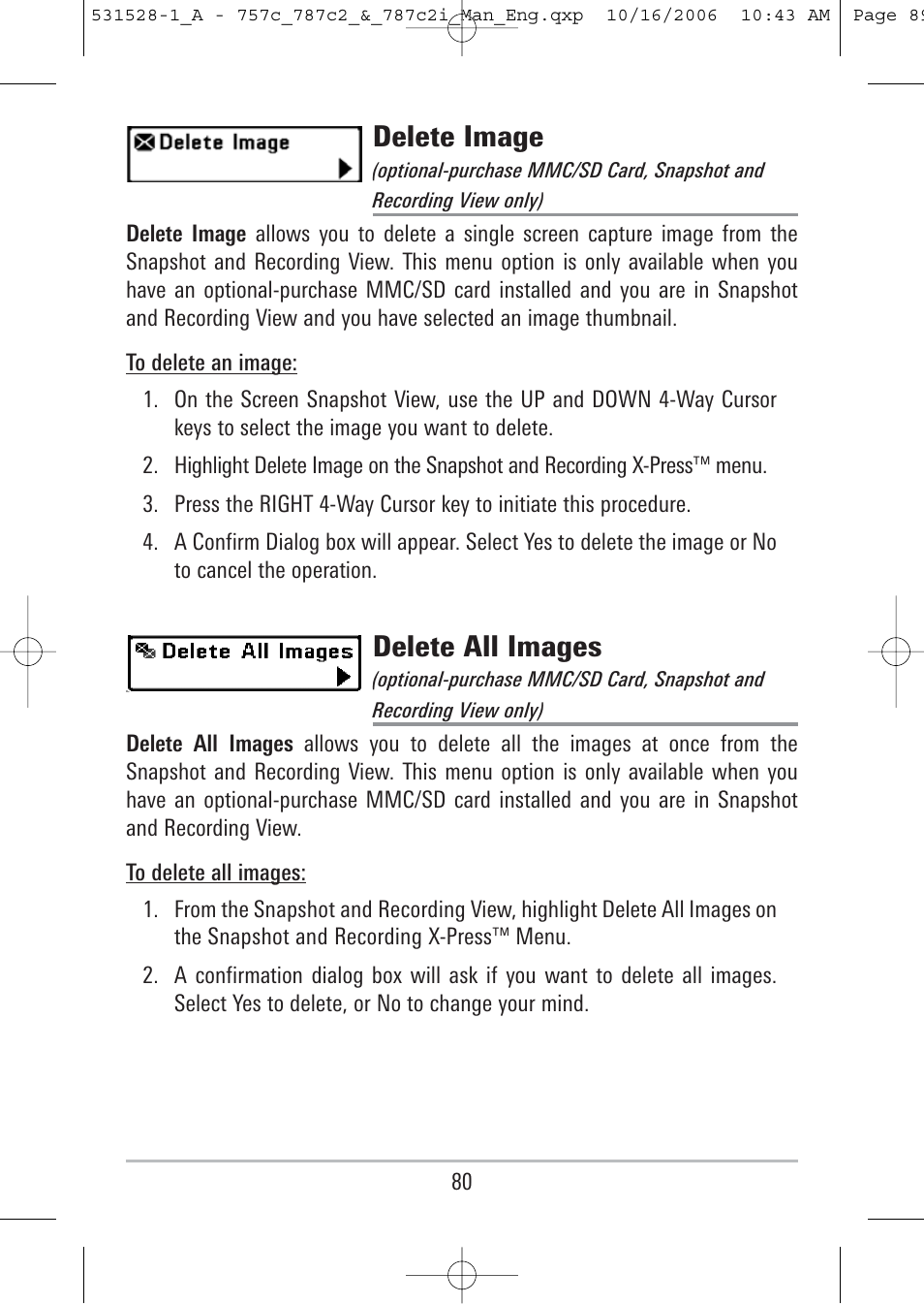 Delete image, Delete all images | Humminbird 757c User Manual | Page 89 / 168