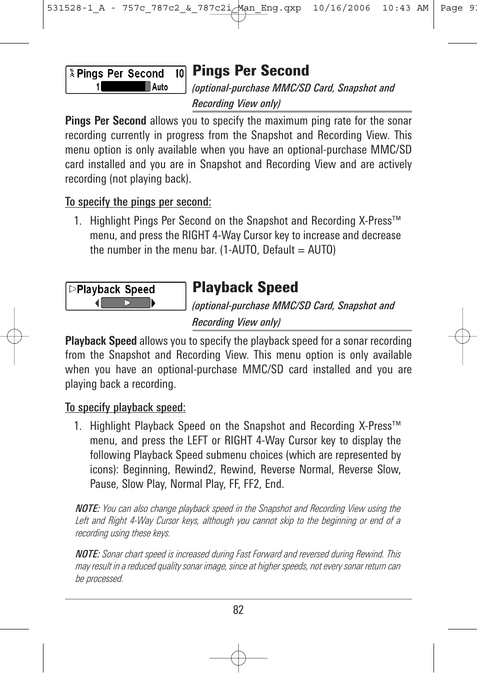 Pings per second, Playback speed | Humminbird 757c User Manual | Page 91 / 168