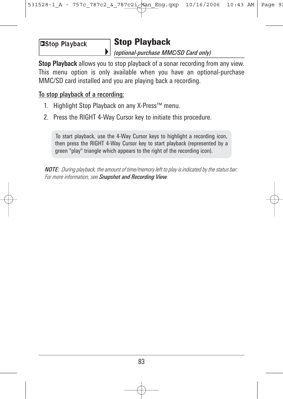 Stop playback | Humminbird 757c User Manual | Page 92 / 168