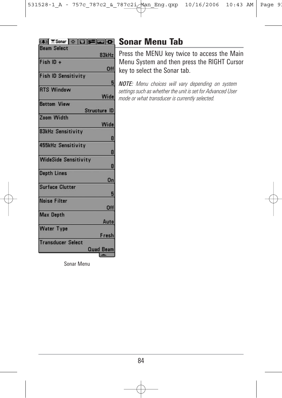 Sonar menu tab | Humminbird 757c User Manual | Page 93 / 168