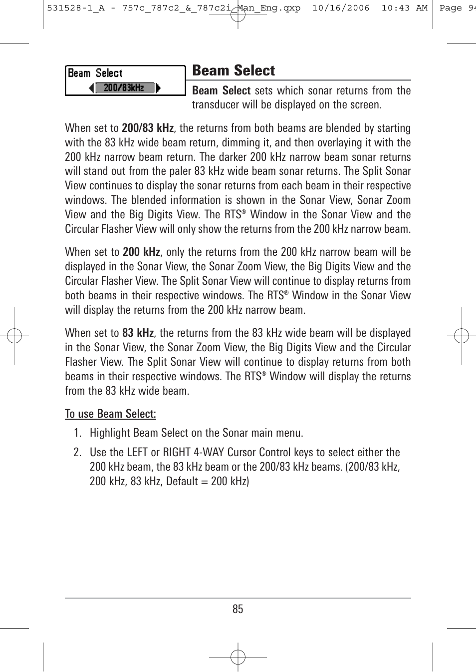 Beam select | Humminbird 757c User Manual | Page 94 / 168