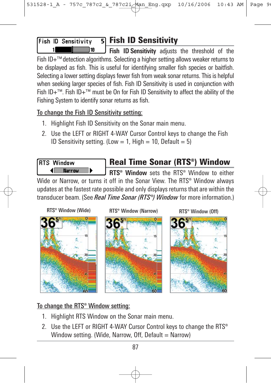 Fish id sensitivity, Real time sonar (rts®) window | Humminbird 757c User Manual | Page 96 / 168