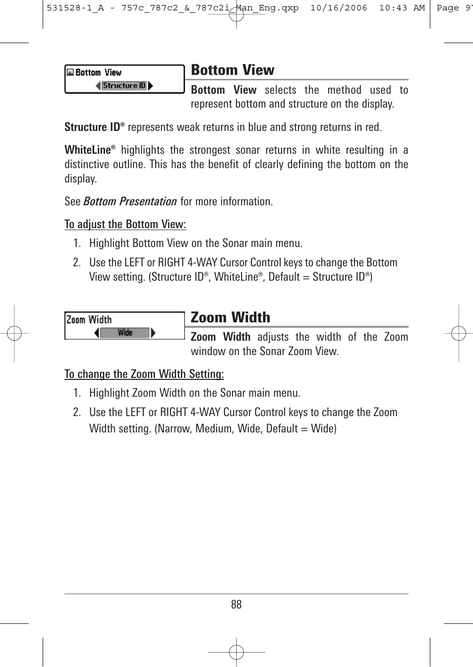 Bottom view, Zoom width | Humminbird 757c User Manual | Page 97 / 168