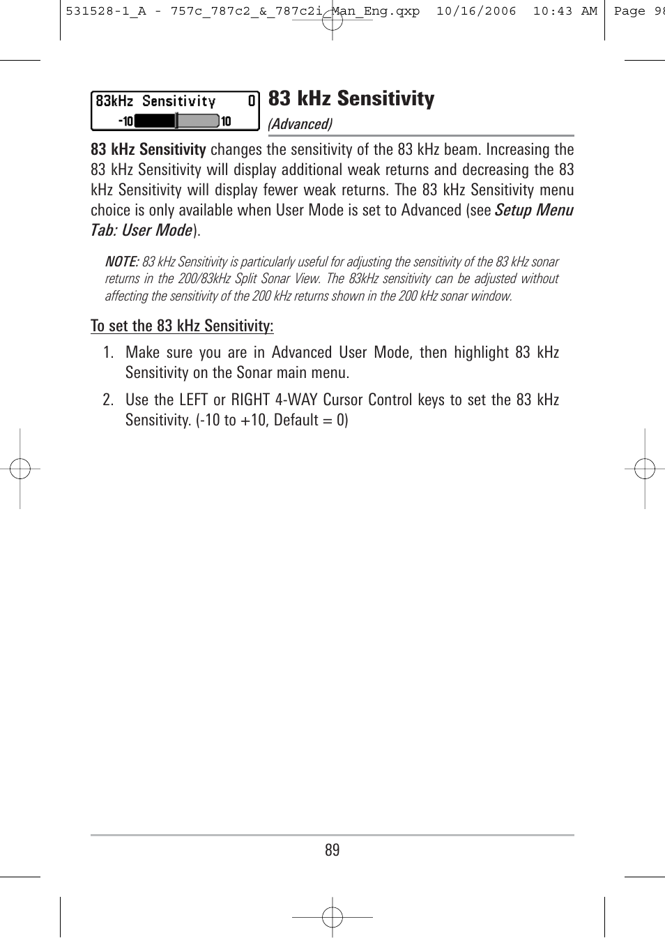 83 khz sensitivity | Humminbird 757c User Manual | Page 98 / 168