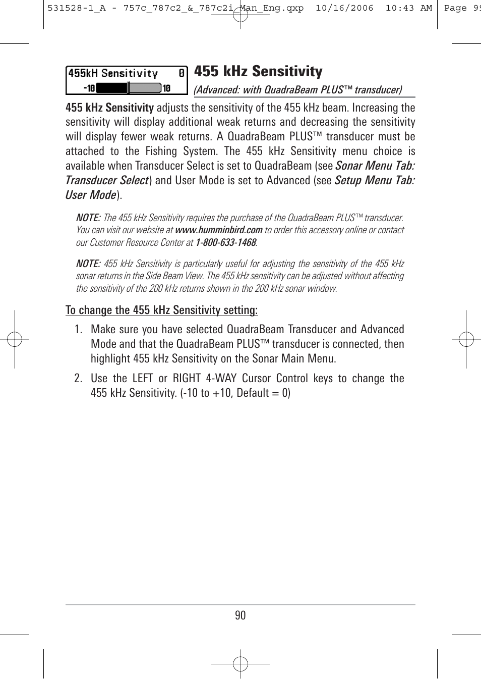 455 khz sensitivity | Humminbird 757c User Manual | Page 99 / 168