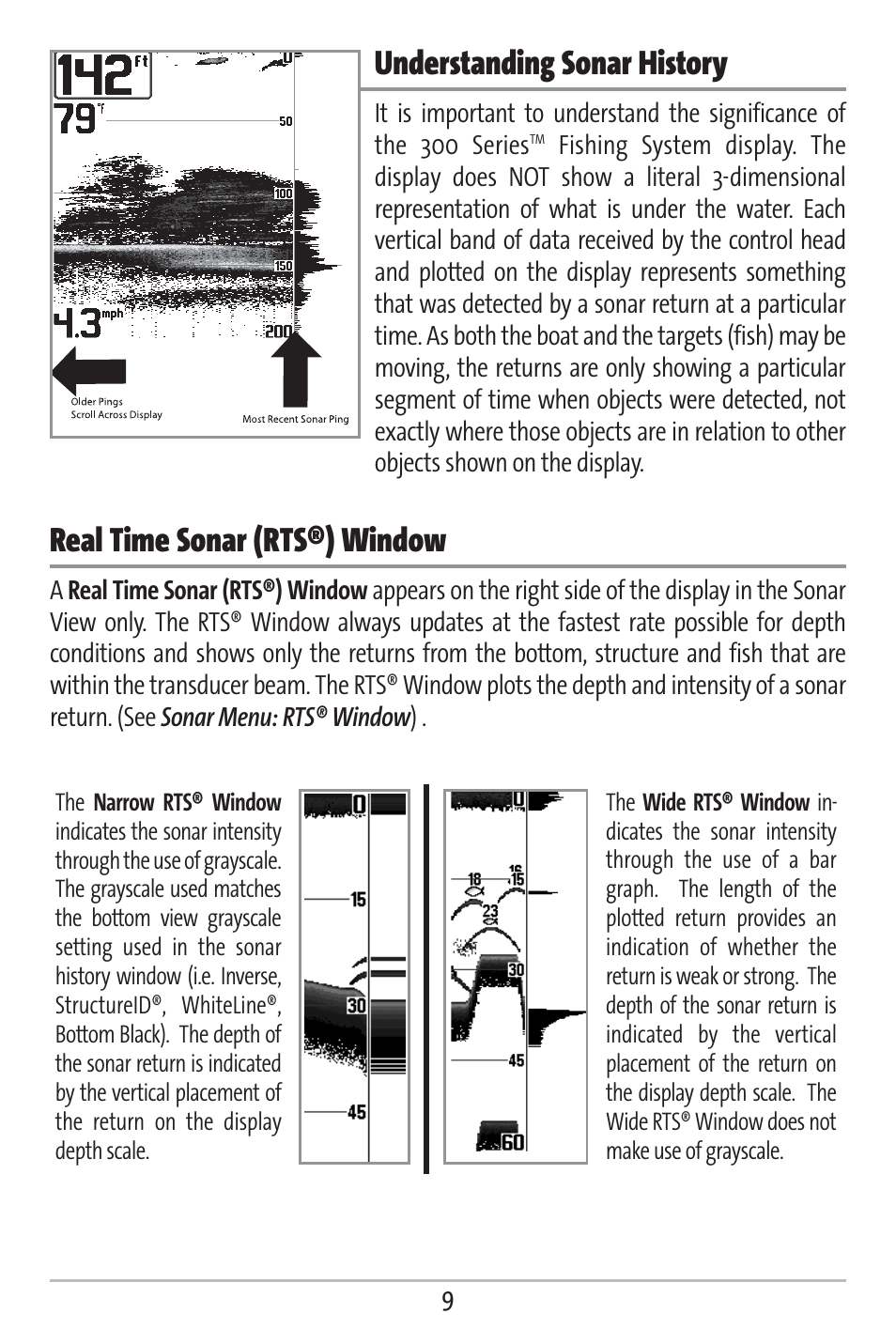 Understanding sonar history, Real time sonar (rts®) window | Humminbird 363 User Manual | Page 16 / 116