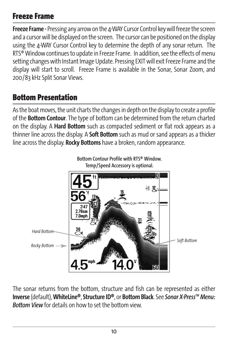 Freeze frame, Bottom presentation | Humminbird 363 User Manual | Page 17 / 116