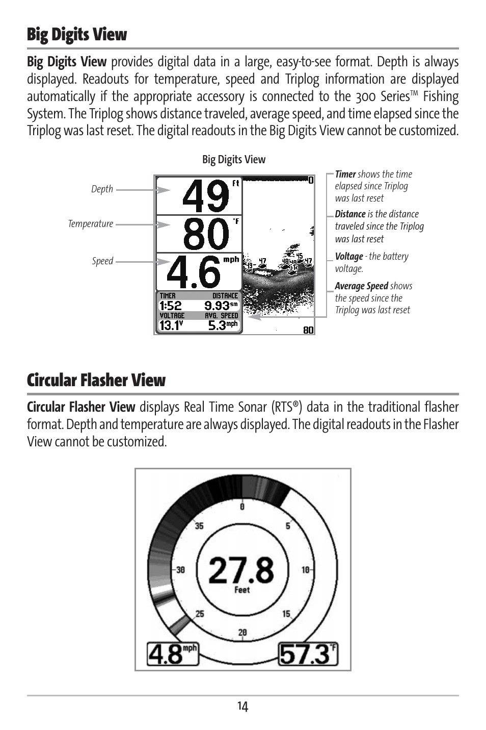 Big digits view, Circular flasher view | Humminbird 363 User Manual | Page 21 / 116