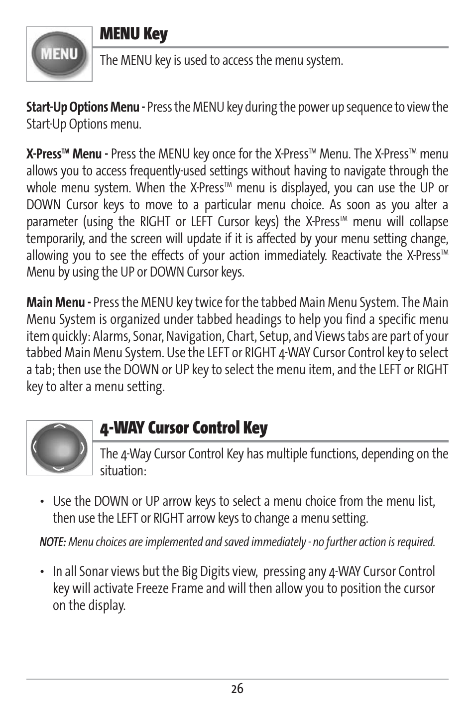 Menu key, Way cursor control key | Humminbird 363 User Manual | Page 33 / 116