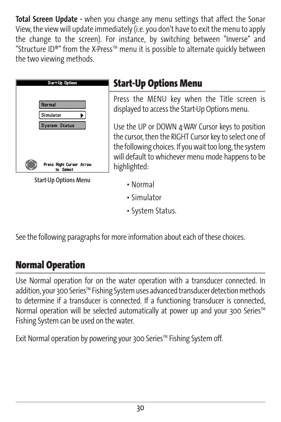 Start-up options menu, Normal operation | Humminbird 363 User Manual | Page 37 / 116