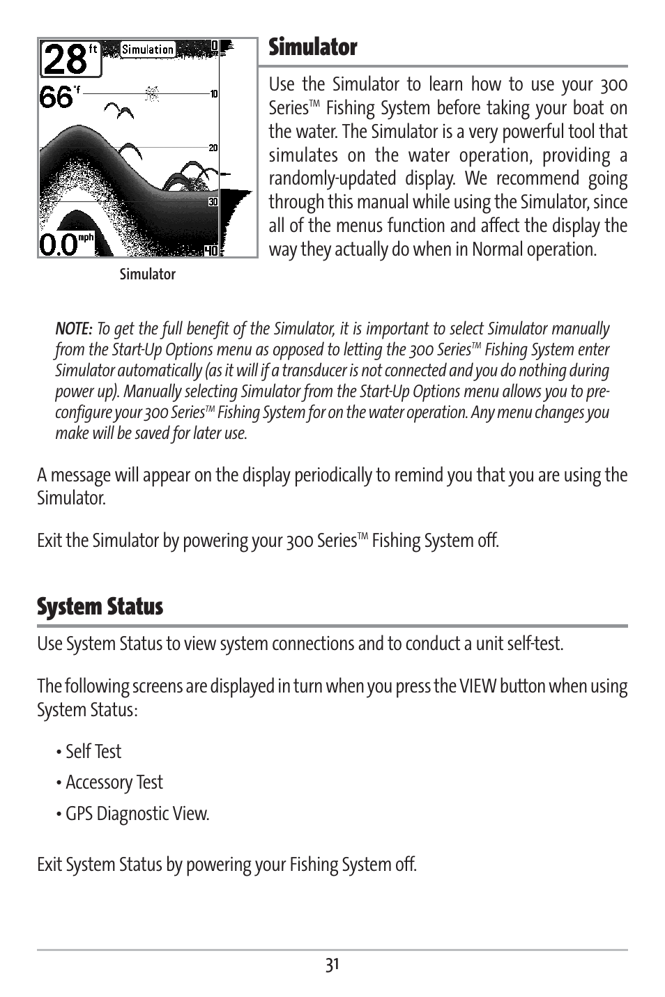 Simulator, System status | Humminbird 363 User Manual | Page 38 / 116