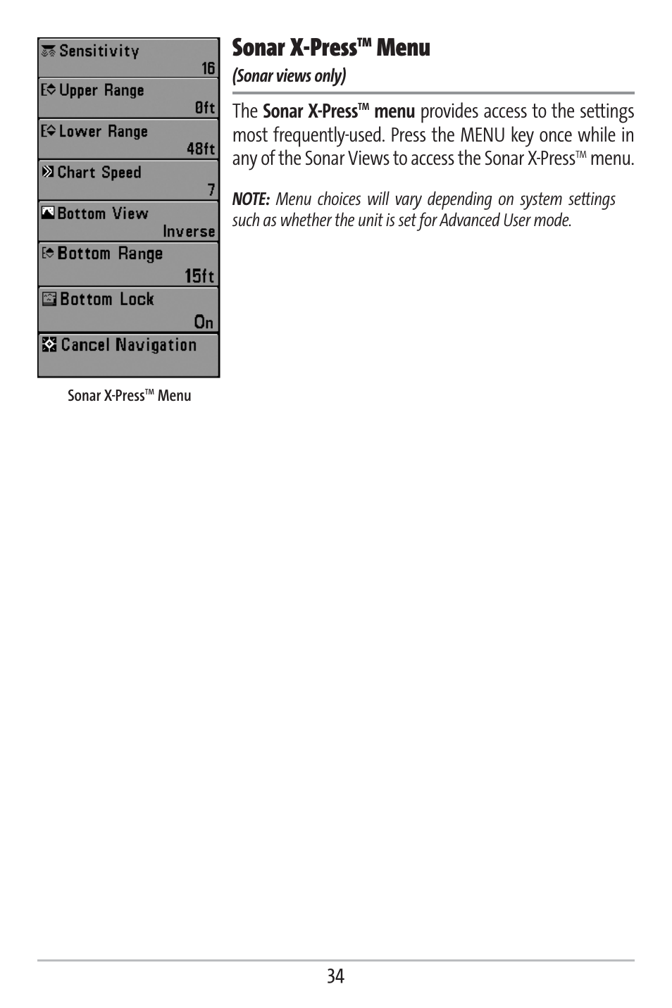 Sonar x-press, Menu, The sonar x-press | Humminbird 363 User Manual | Page 41 / 116