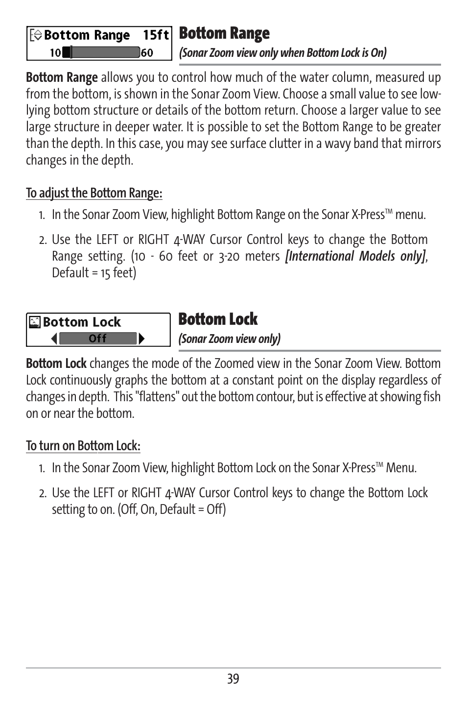 Bottom range, Bottom lock | Humminbird 363 User Manual | Page 46 / 116