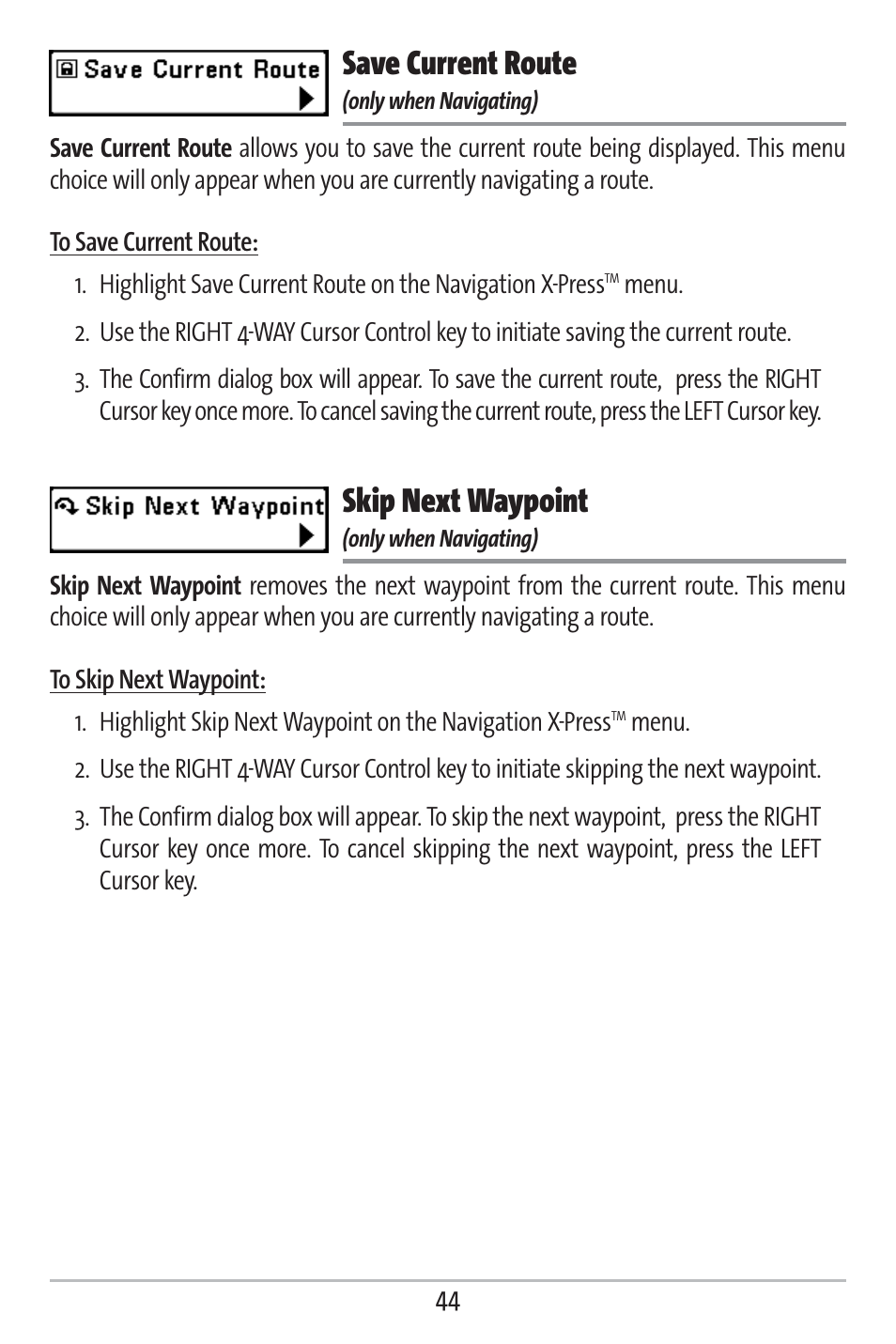 Save current route, Skip next waypoint | Humminbird 363 User Manual | Page 51 / 116