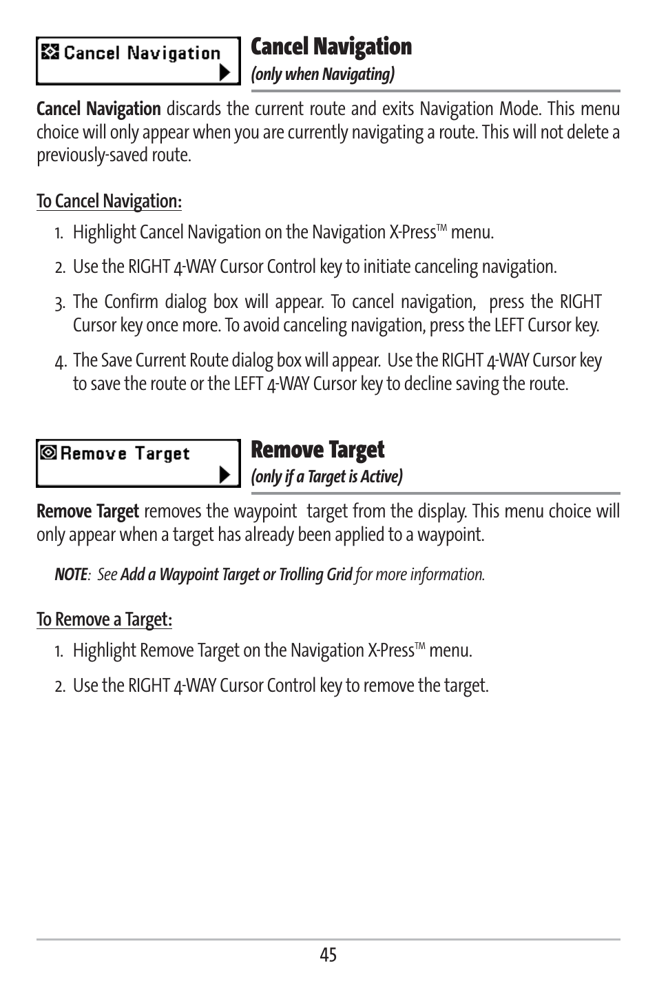 Cancel navigation, Remove target | Humminbird 363 User Manual | Page 52 / 116