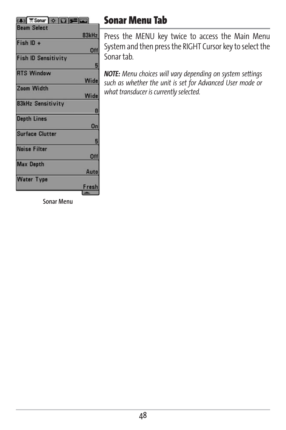 Sonar menu tab | Humminbird 363 User Manual | Page 55 / 116