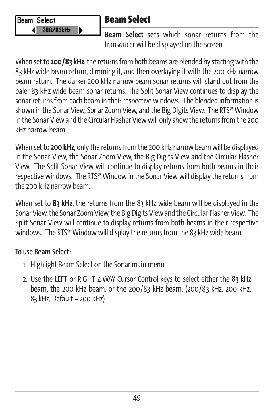 Beam select | Humminbird 363 User Manual | Page 56 / 116