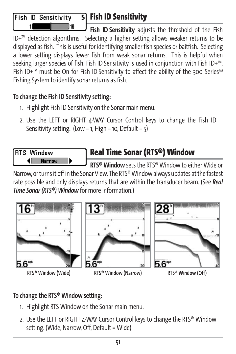 Fish id sensitivity, Real time sonar (rts®) window | Humminbird 363 User Manual | Page 58 / 116