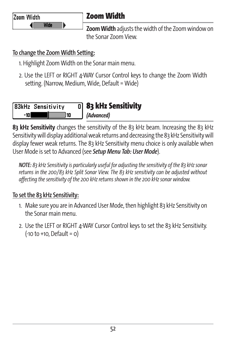Zoom width, 83 khz sensitivity | Humminbird 363 User Manual | Page 59 / 116