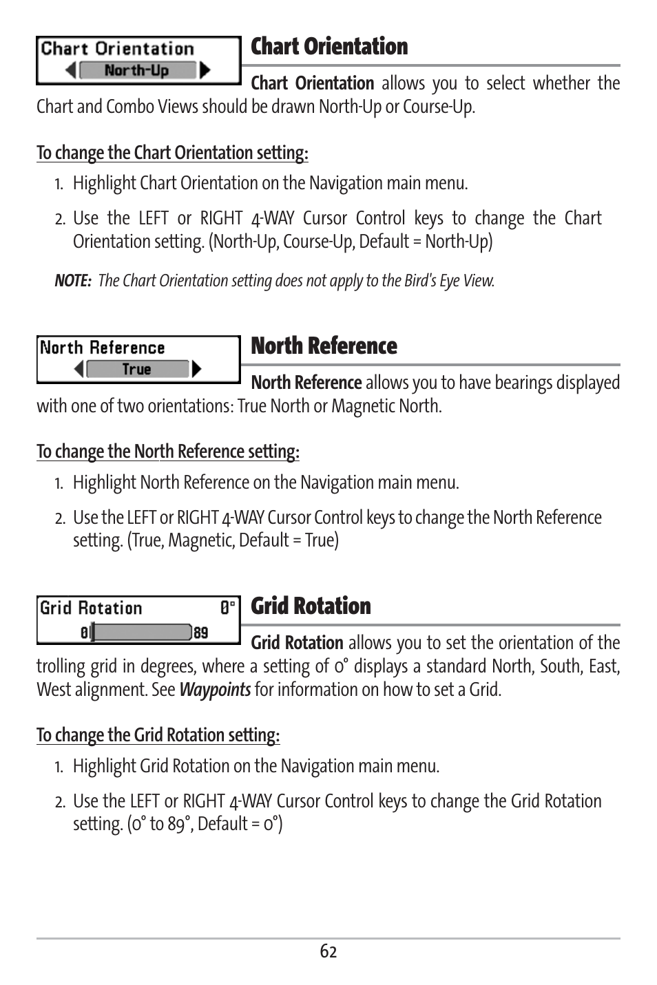 Chart orientation, North reference, Grid rotation | Humminbird 363 User Manual | Page 69 / 116