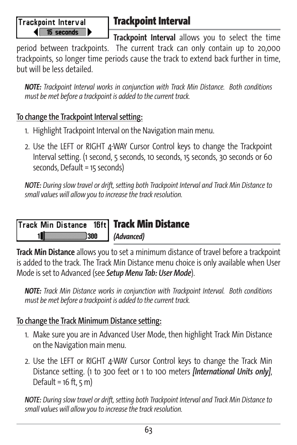 Trackpoint interval, Track min distance | Humminbird 363 User Manual | Page 70 / 116