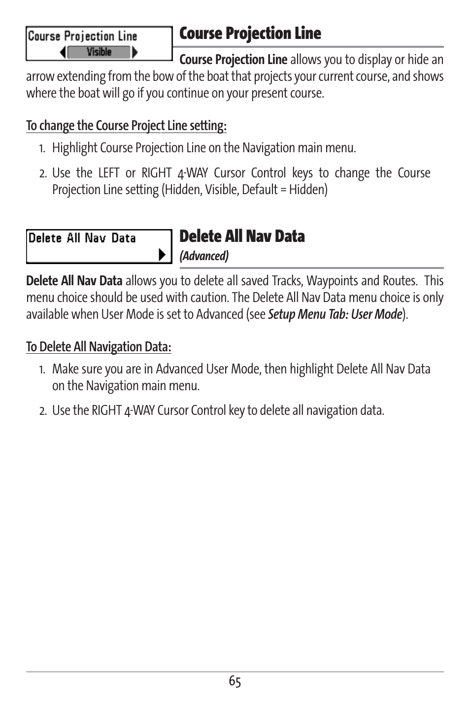 Course projection line, Delete all nav data | Humminbird 363 User Manual | Page 72 / 116