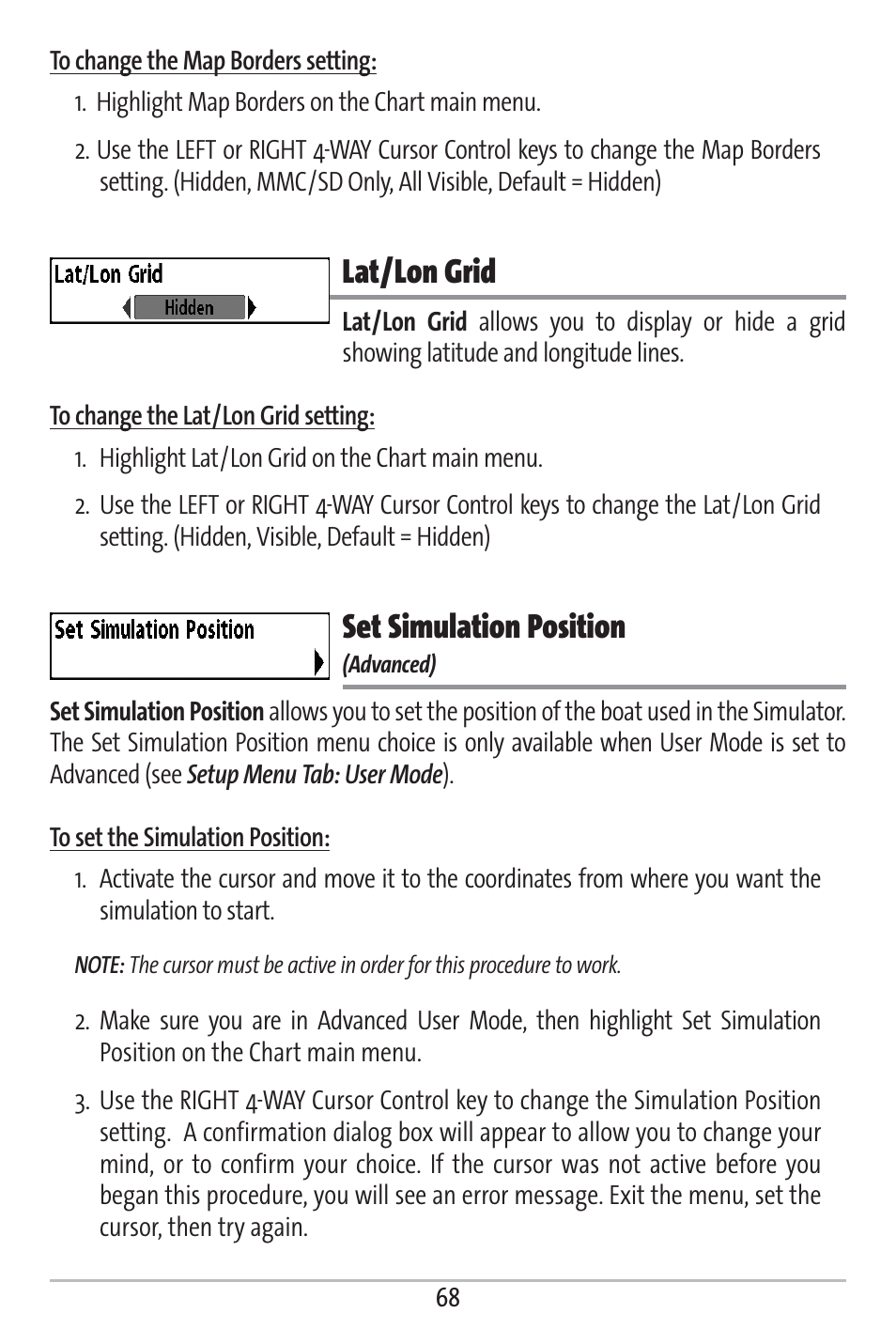 Lat/lon grid, Set simulation position | Humminbird 363 User Manual | Page 75 / 116