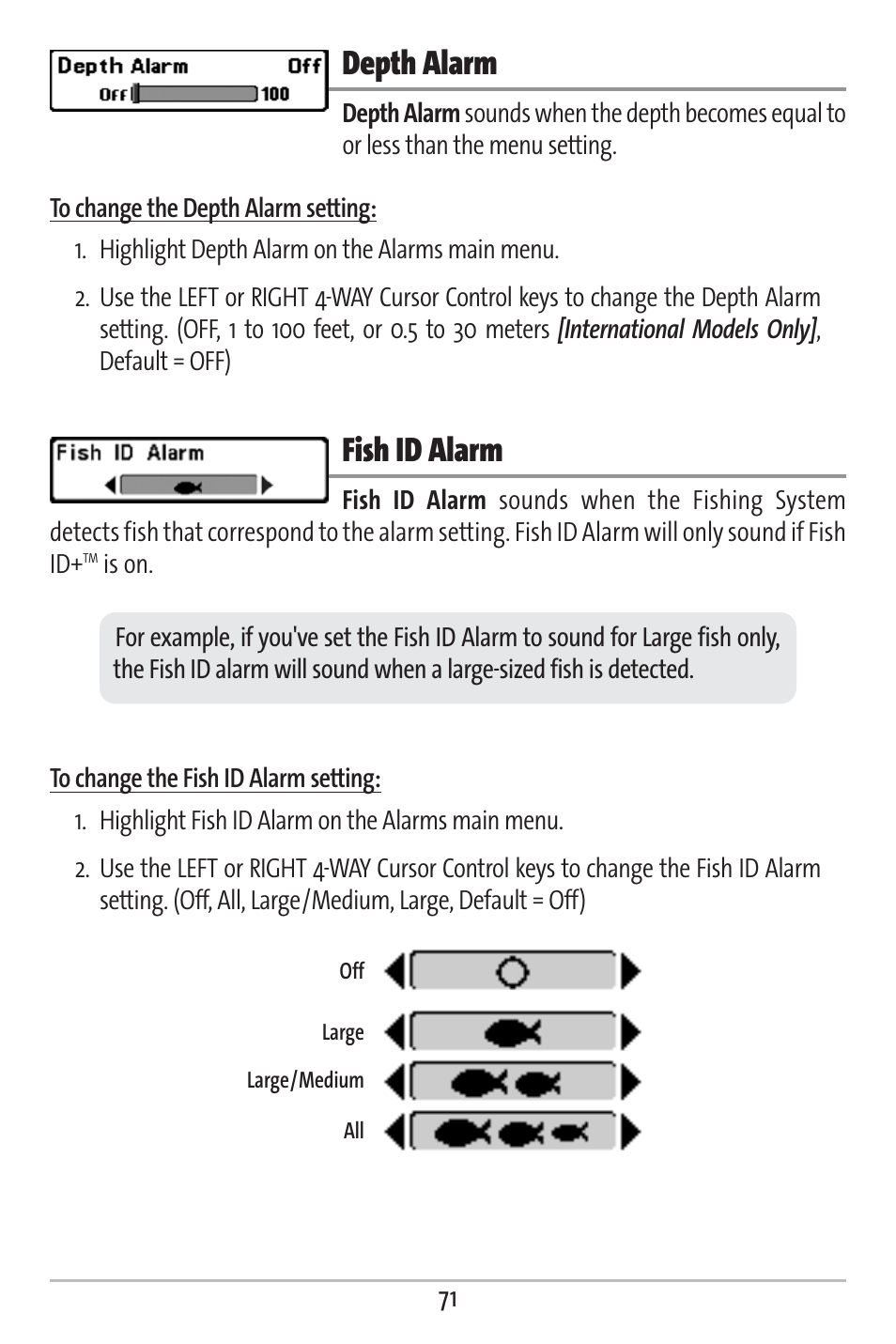 Depth alarm, Fish id alarm | Humminbird 363 User Manual | Page 78 / 116