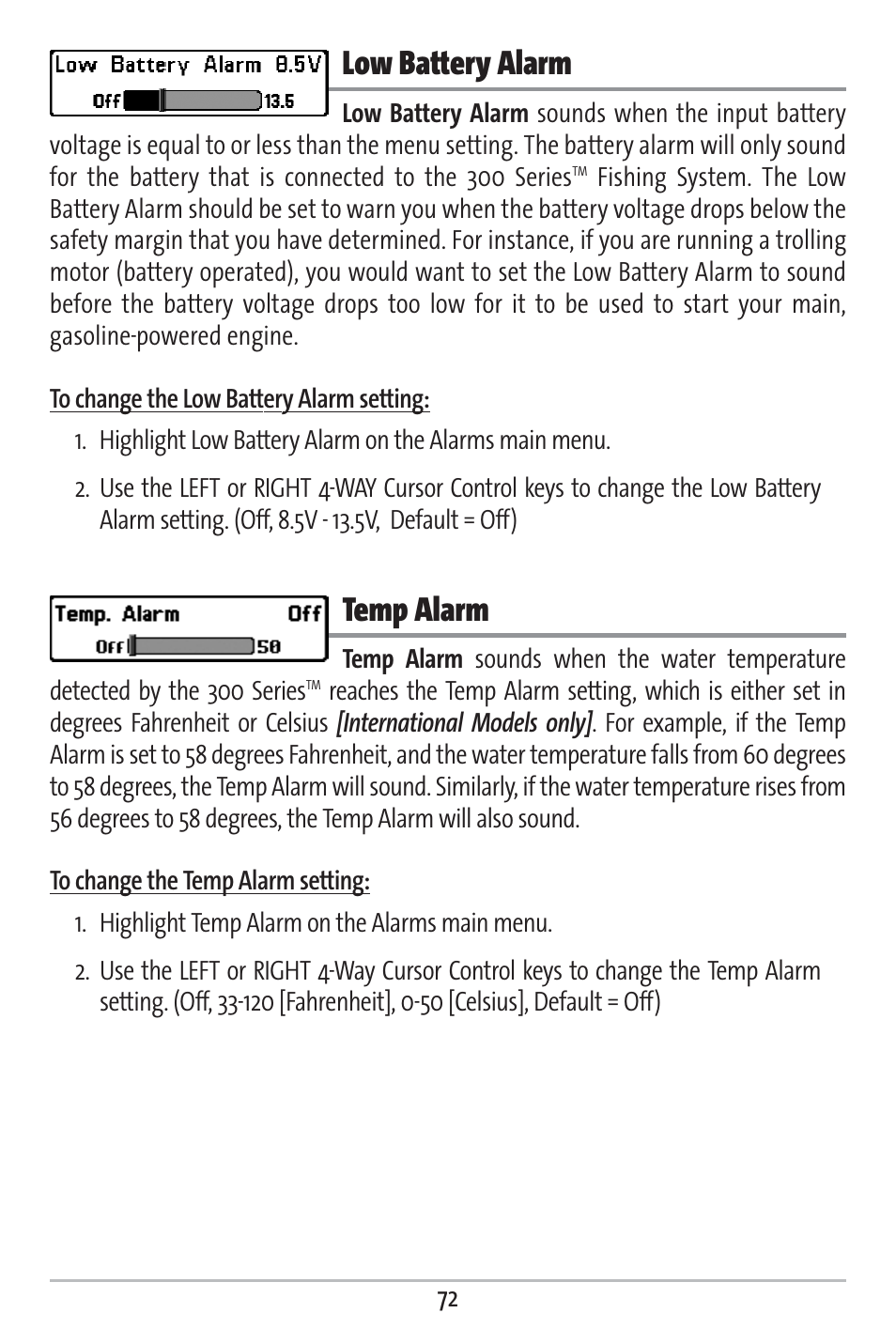 Low battery alarm, Temp alarm | Humminbird 363 User Manual | Page 79 / 116