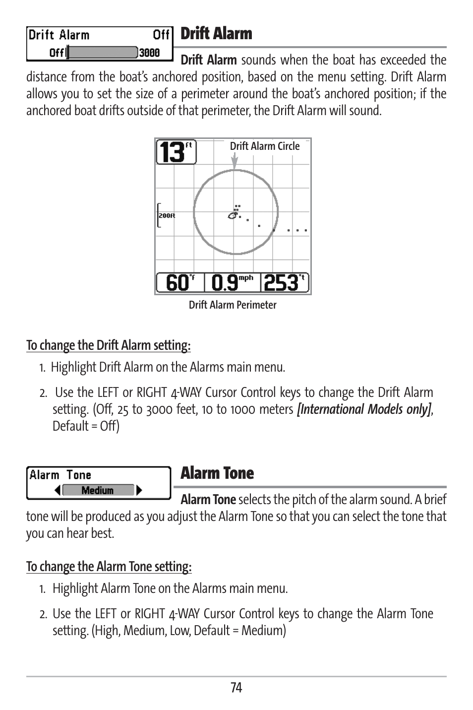 Drift alarm, Alarm tone | Humminbird 363 User Manual | Page 81 / 116
