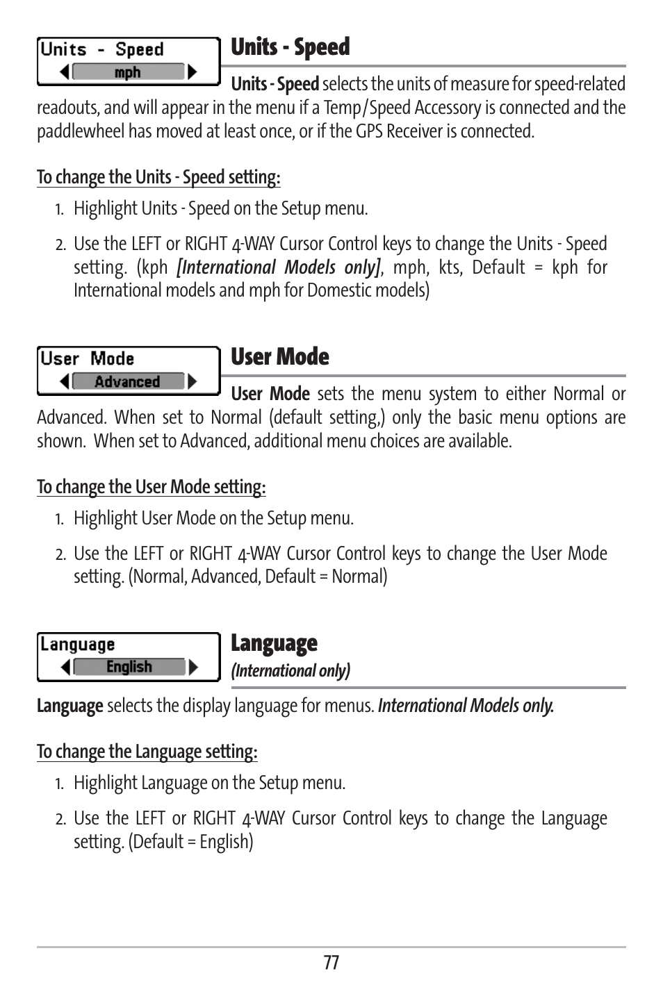 Units - speed, User mode, Language | Humminbird 363 User Manual | Page 84 / 116