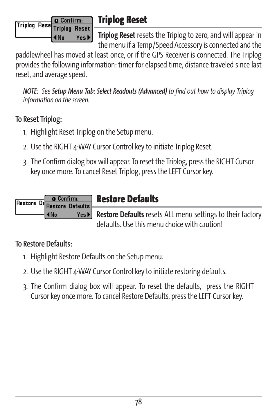 Triplog reset, Restore defaults | Humminbird 363 User Manual | Page 85 / 116