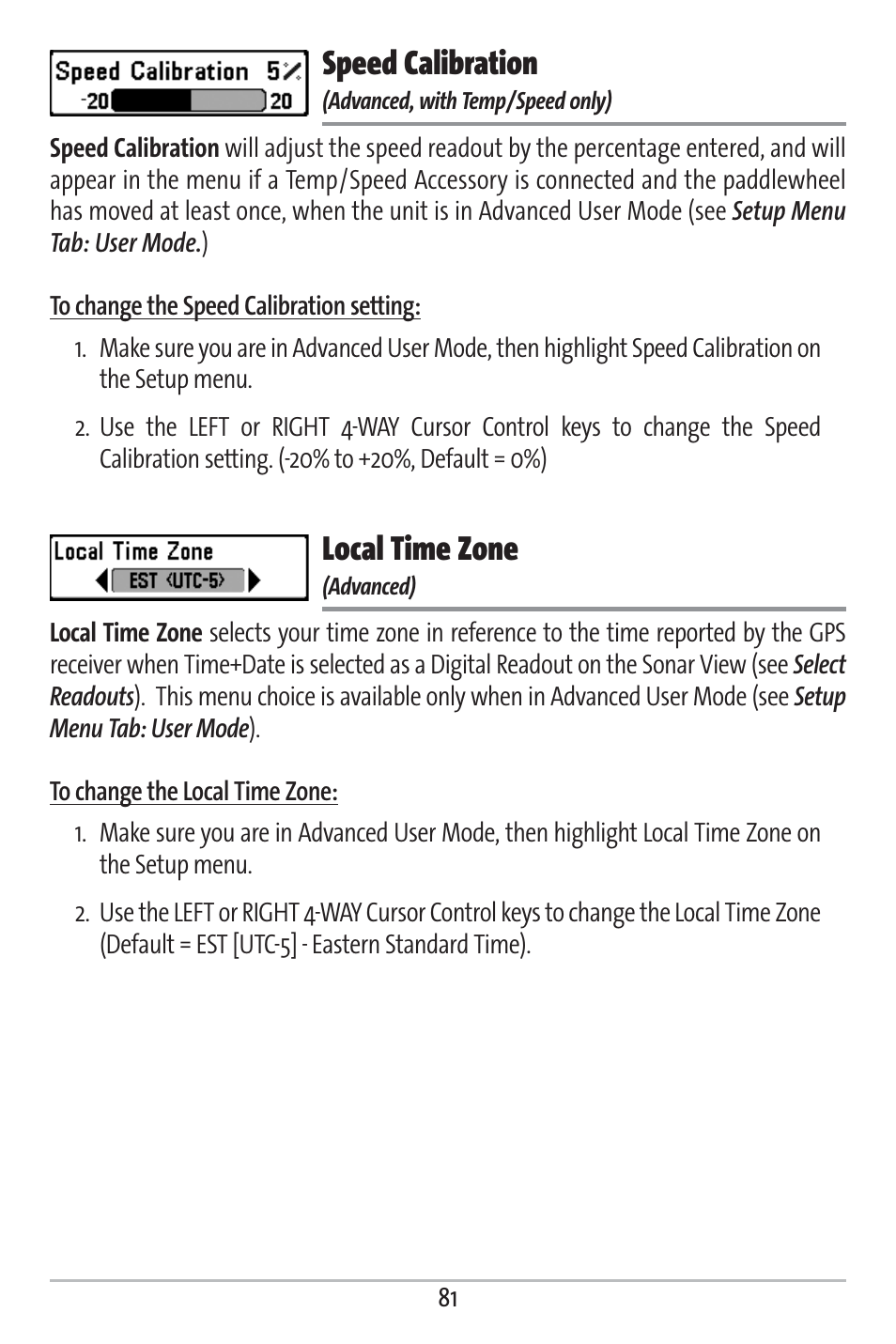 Speed calibration, Local time zone | Humminbird 363 User Manual | Page 88 / 116