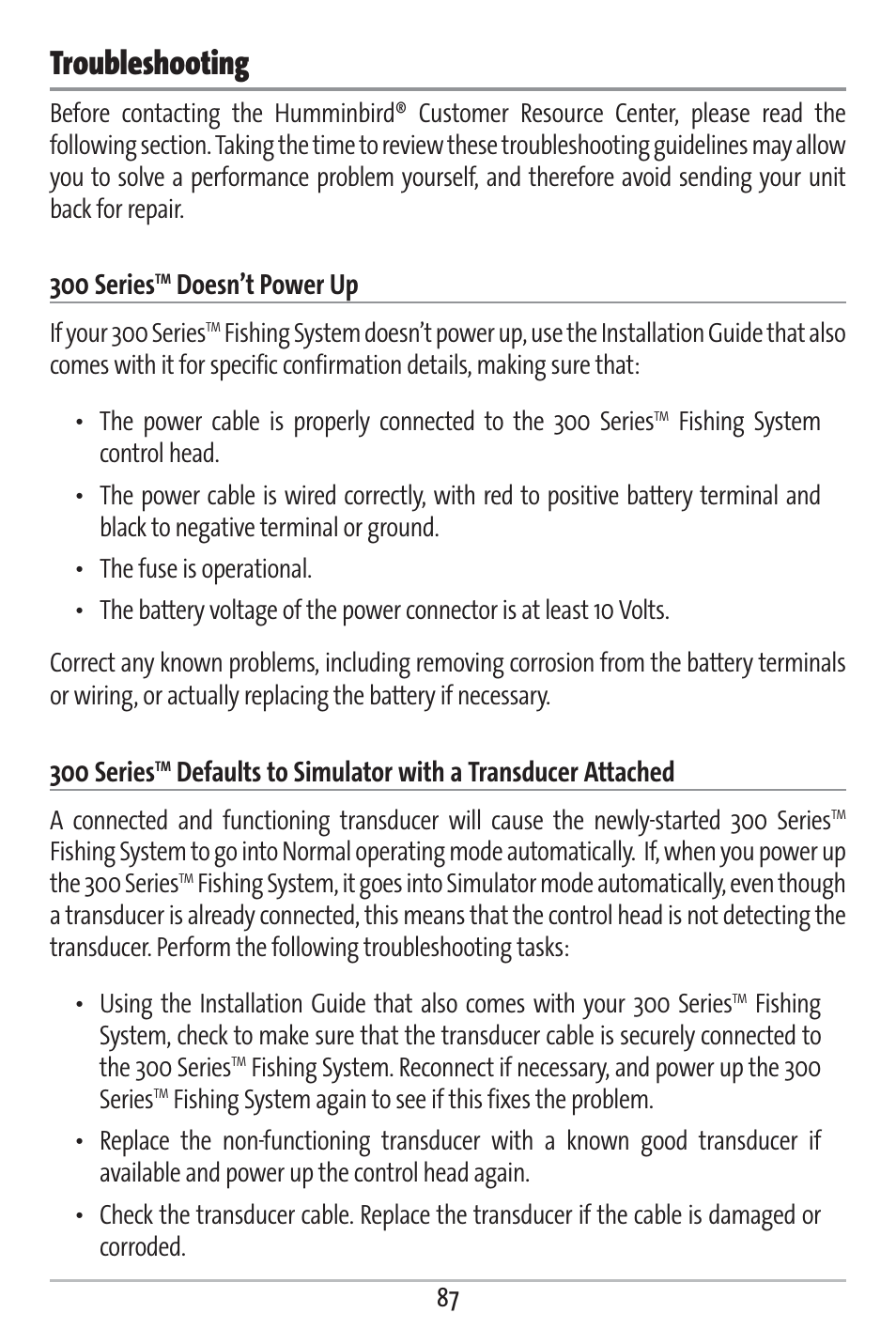 Troubleshooting, 300 series, Doesn’t power up | Defaults to simulator with a transducer attached | Humminbird 363 User Manual | Page 94 / 116