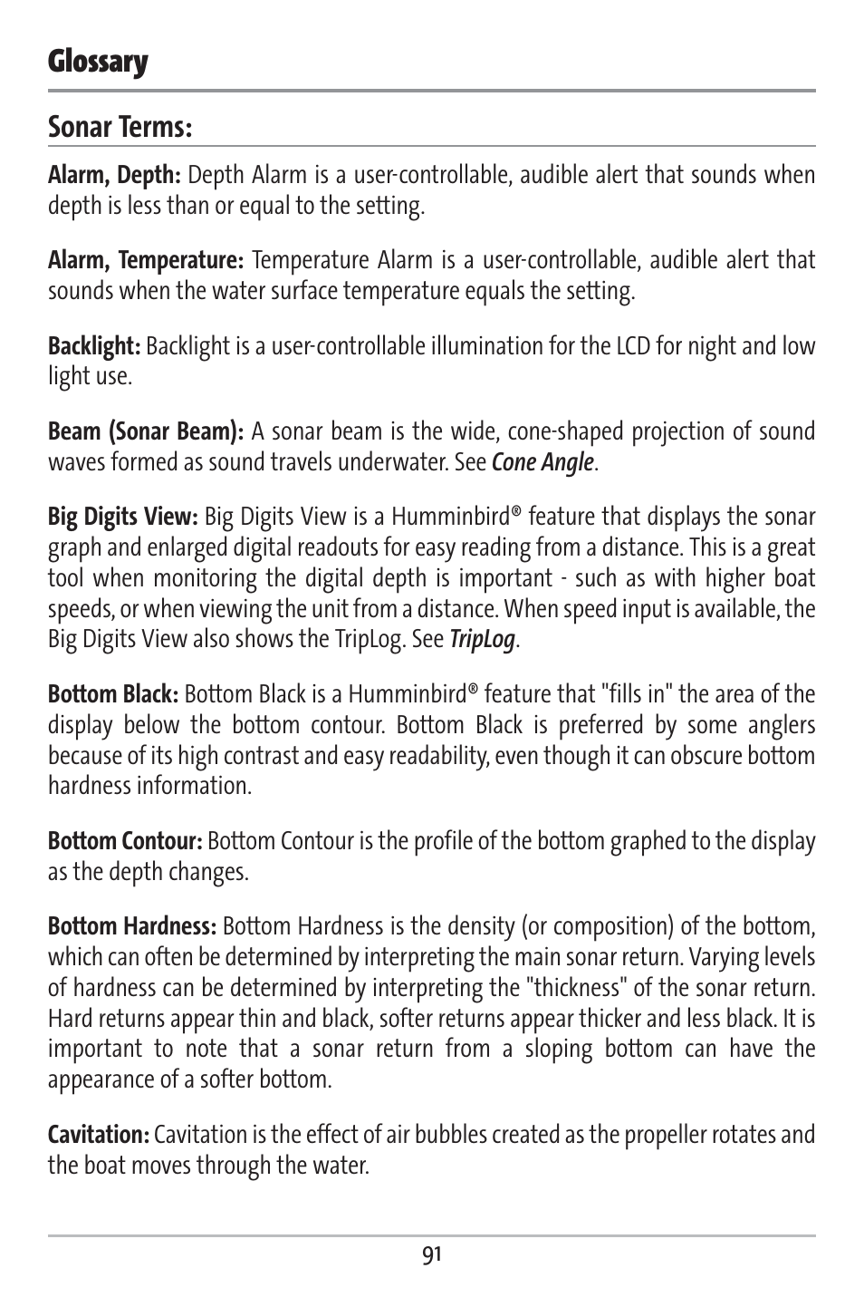 Glossary, Sonar terms | Humminbird 363 User Manual | Page 98 / 116