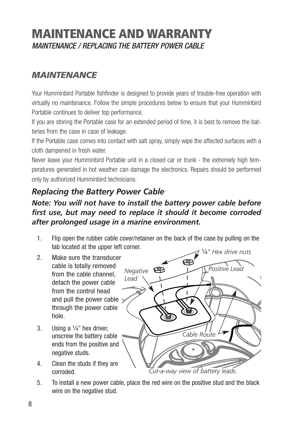 Maintenance and warranty, Maintenance, Replacing the battery power cable | Humminbird Piranha Portable User Manual | Page 10 / 14