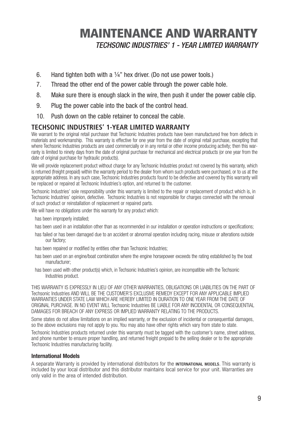 Maintenance and warranty, Techsonic industries’ 1 - year limited warranty | Humminbird Piranha Portable User Manual | Page 11 / 14