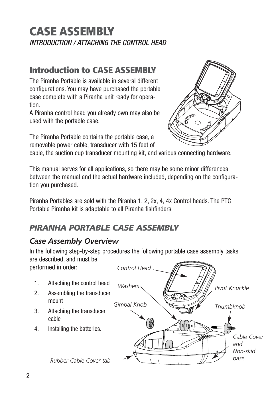 Case assembly, Introduction to case assembly, Piranha portable case assembly | Case assembly overview | Humminbird Piranha Portable User Manual | Page 4 / 14