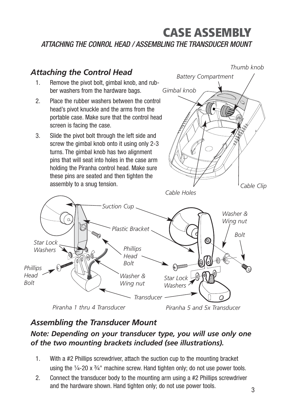 Case assembly, Attaching the control head, Assembling the transducer mount | Humminbird Piranha Portable User Manual | Page 5 / 14