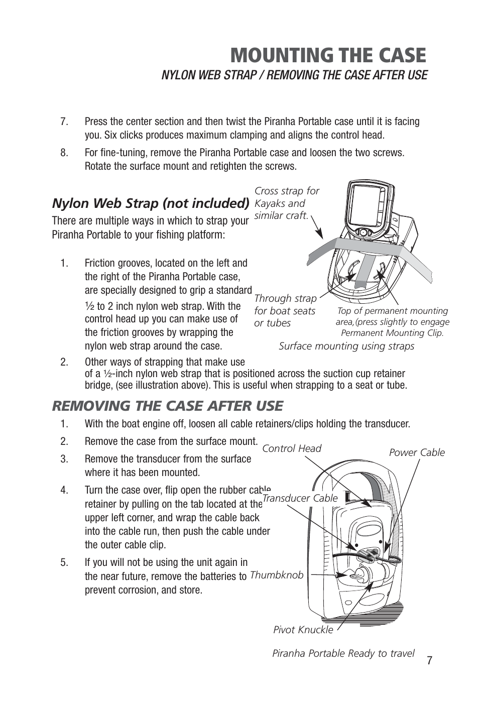 Mounting the case, Removing the case after use, Nylon web strap (not included) | Humminbird Piranha Portable User Manual | Page 9 / 14